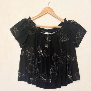 Wilfred Black Off-Shoulder Short Sleeve Top Bird Print Size M